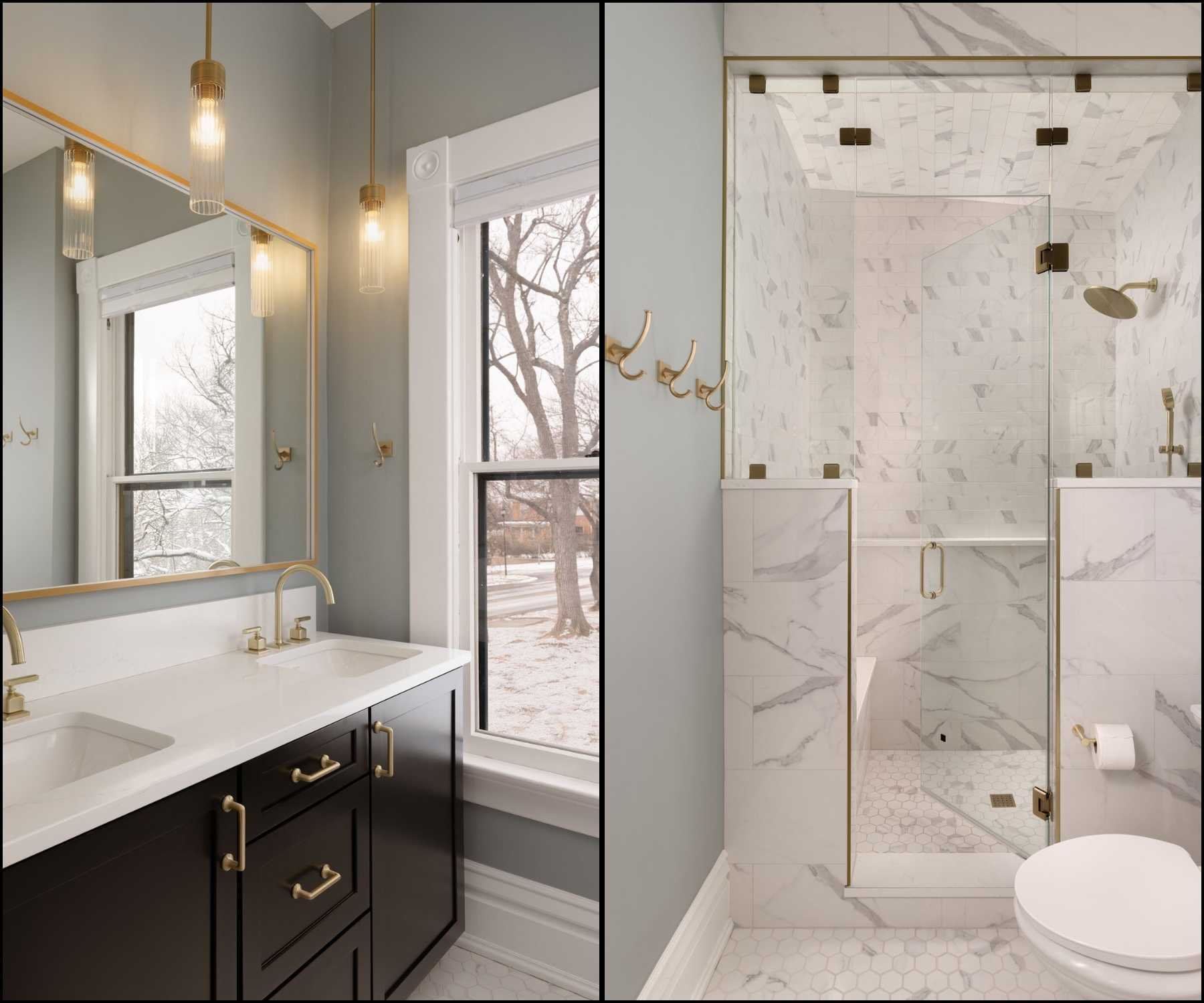 Image of luxury bathroom remodel with marble shower and black vanity in Old Town Longmont, CO