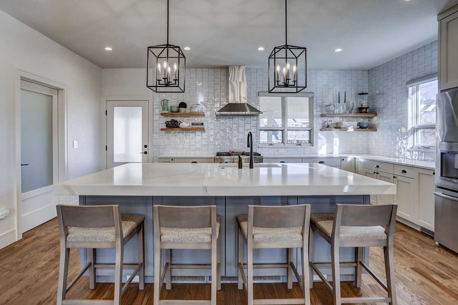 White Kitchen with Grey Shiny Tiled Backsplash