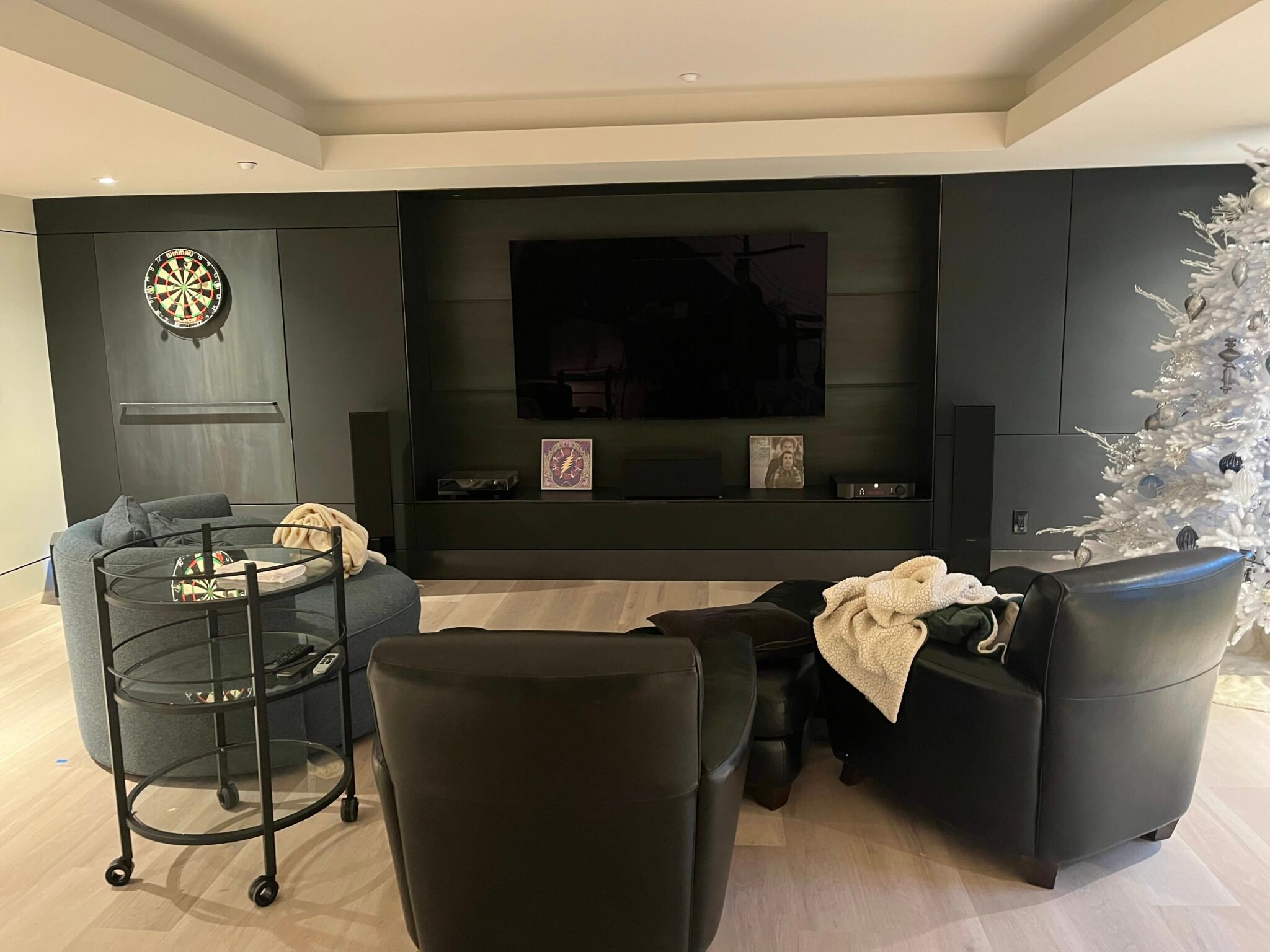Black-themed living room project by Petra Custom Builders