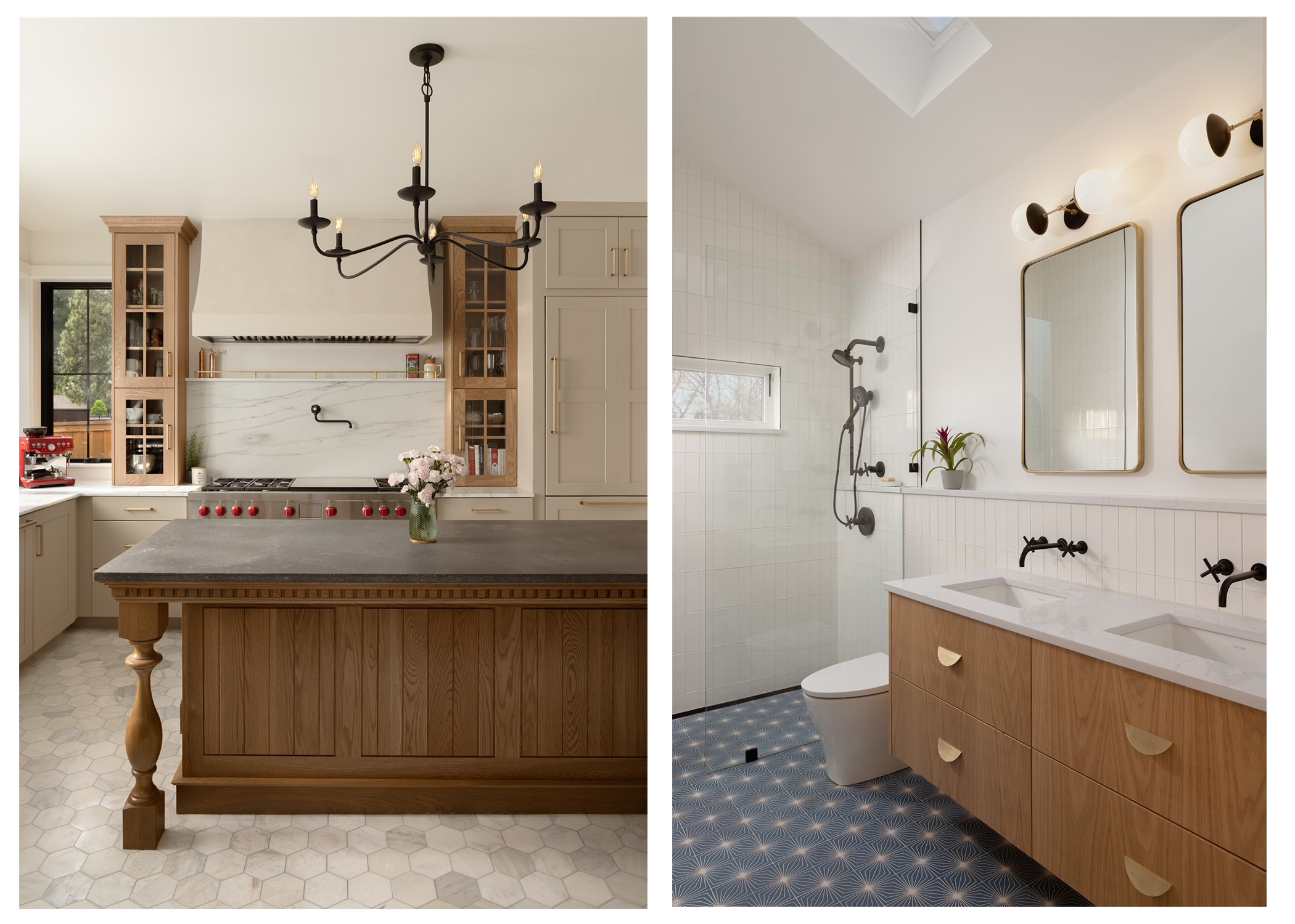 White Oak Cabinets and Patterned Bathroom Floor