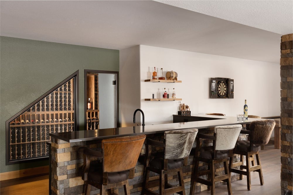 boulder basement remodel with custom built in bar and wine storage