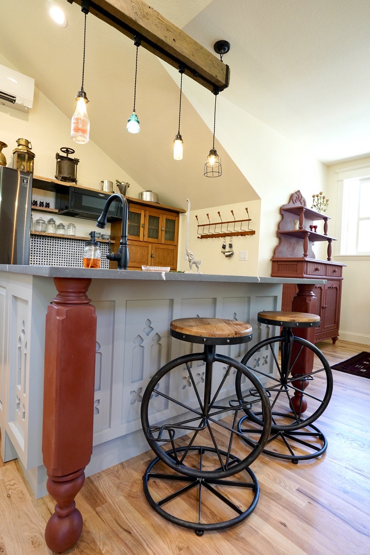 custom finishes showcasing the barstools that have bicycle characteristics 