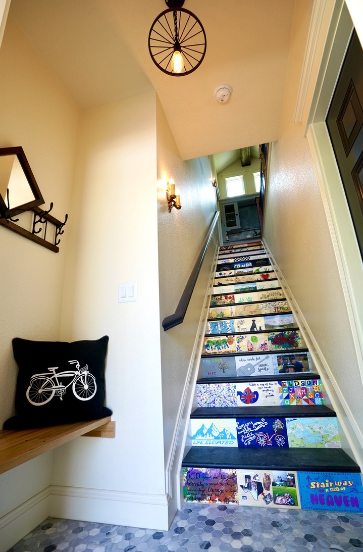 custom bench seating with special tiled risers going up the stairs